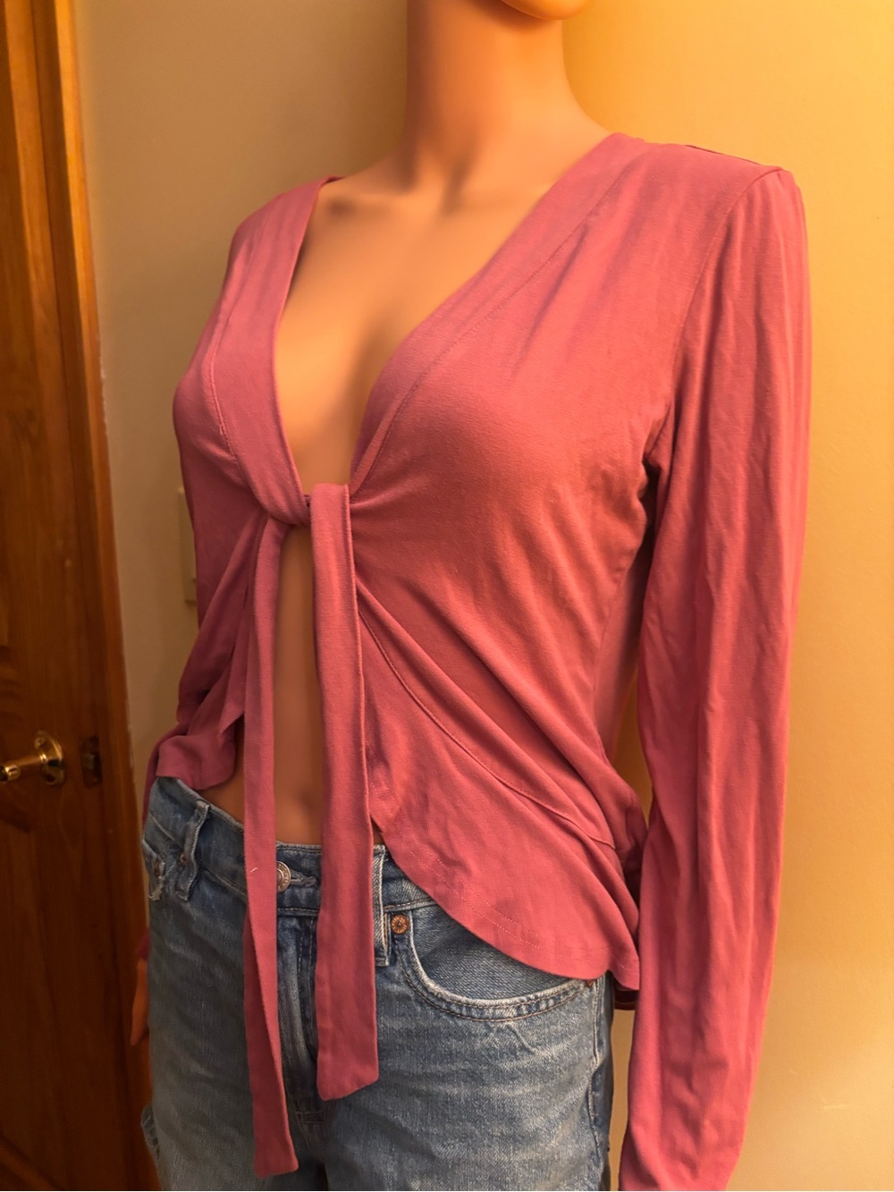 Alegria Rose Pink Tie-Front Long Sleeve Top